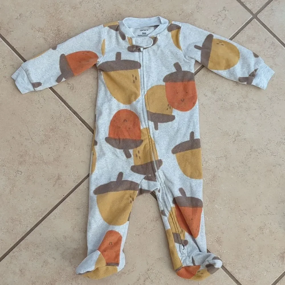 Carter's Fleece Zip-Up Footie Sleep Pajamas Acorn Stripes - 9 months